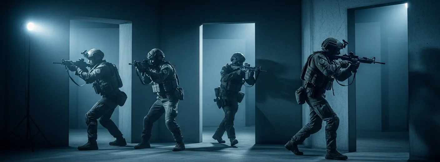 Tactical training facility with operators in CQB formation