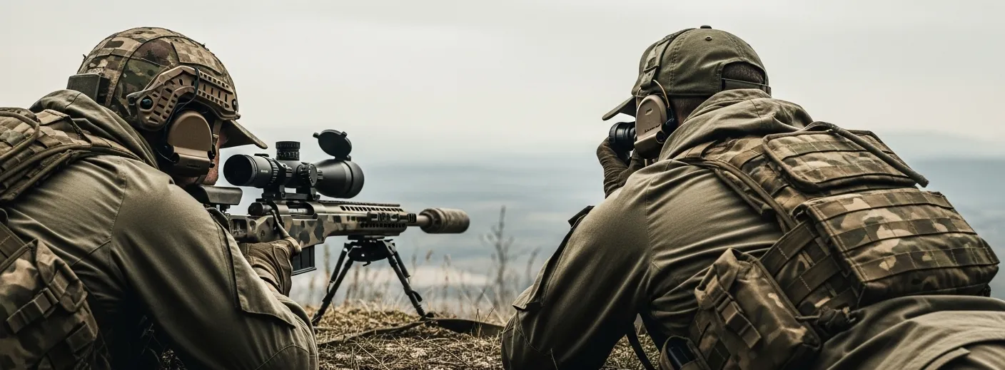 Sniper team in prone position conducting precision engagement